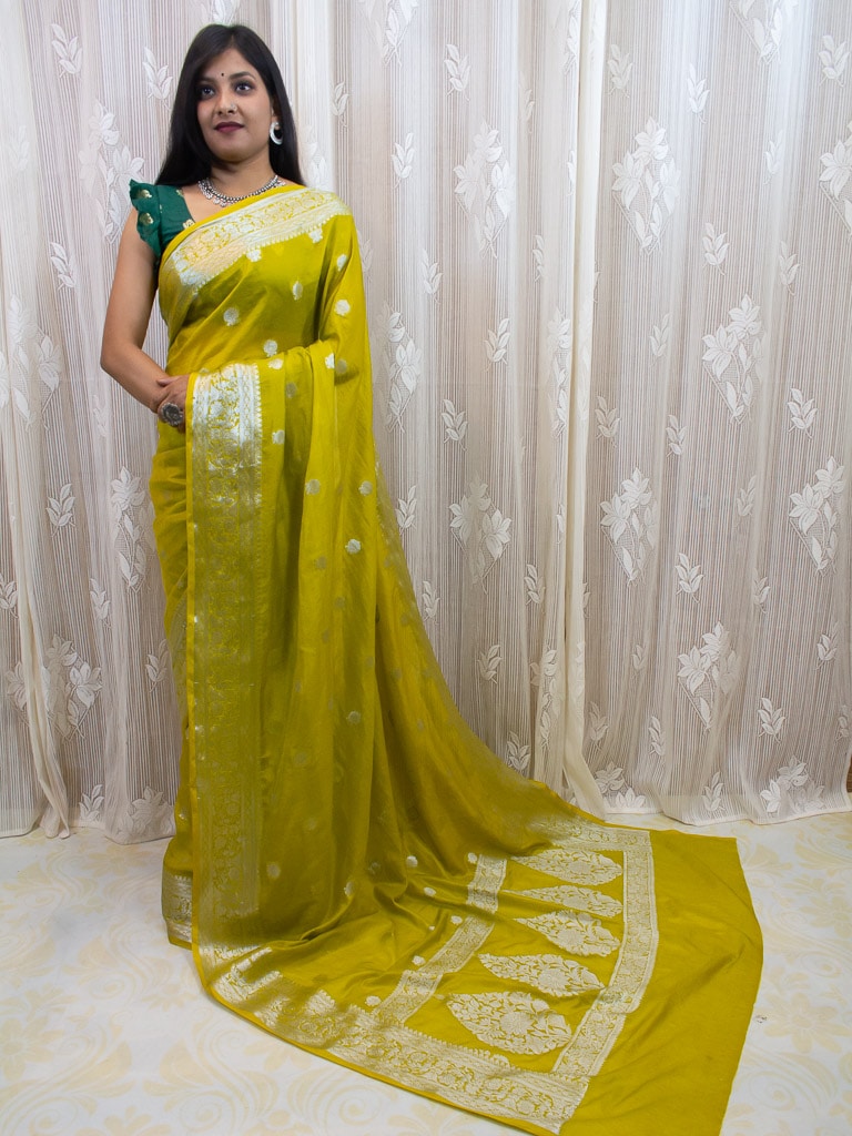 Banarasi  Semi Chiffon Saree Silver Zari Buti Weaving-Yellow