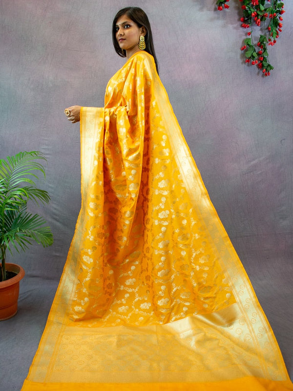 Banarasi Art Katan Silk Saree With Meena Floral Jaal Weaving-Yellow