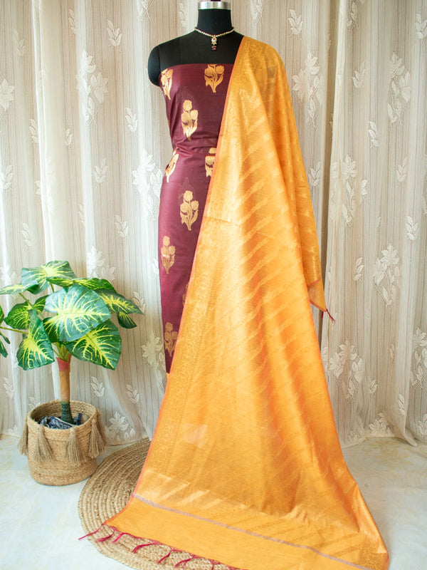 Banarasi Semi Silk Zari Weaving Salwar Kameez Material With Buti Dupatta-Maroon & Yellow