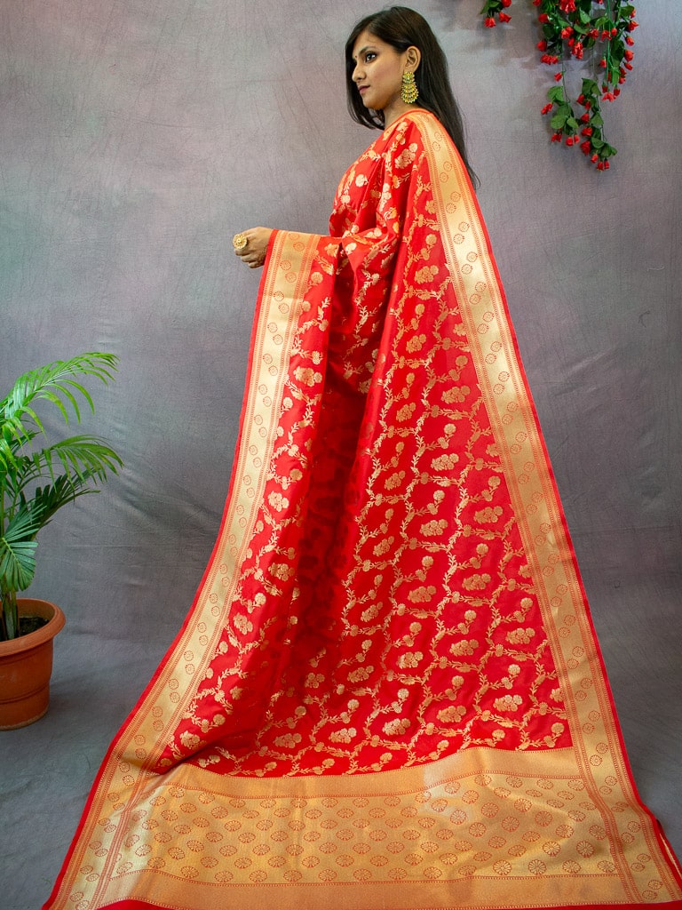 Banarasi Art Katan Silk Saree With Meena Floral Jaal Weaving-Red