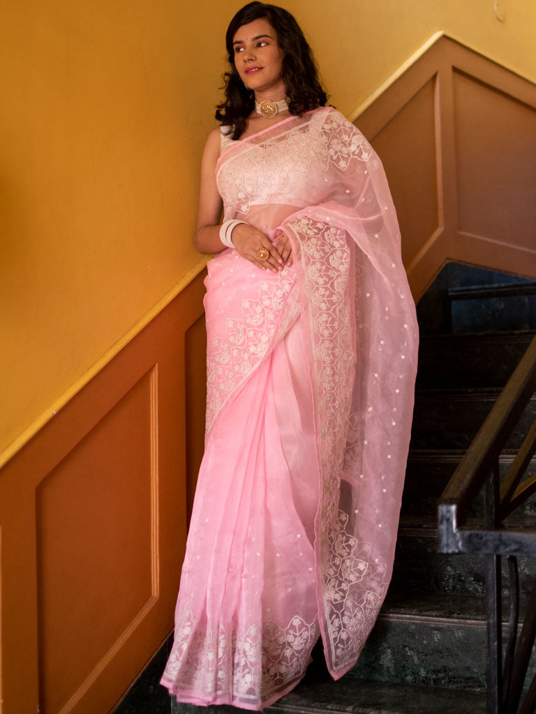 Floral Embroidered Organza Mix Saree-Baby Pink