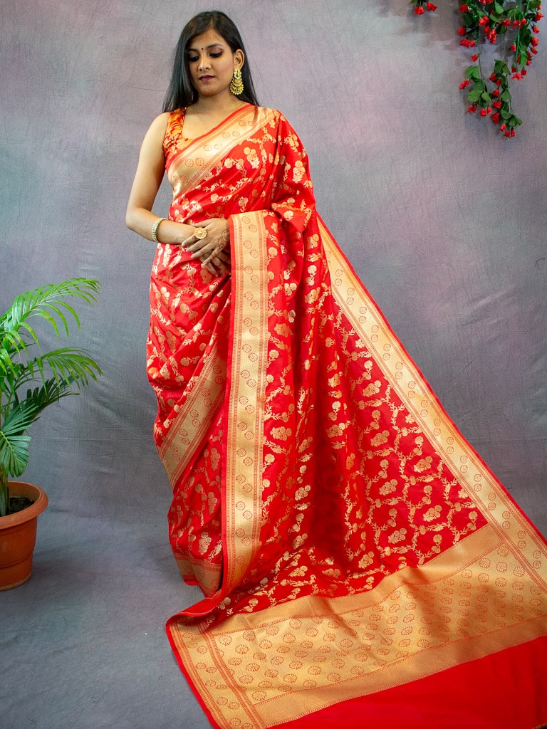 Banarasi Art Katan Silk Saree With Meena Floral Jaal Weaving-Red