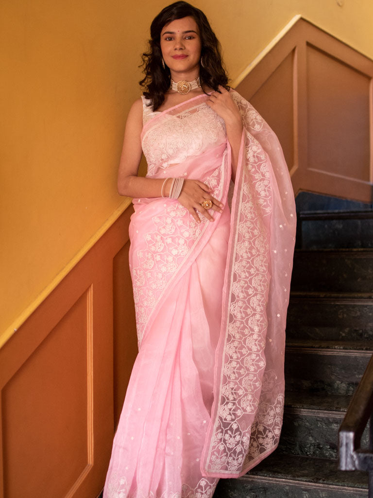 Floral Embroidered Organza Mix Saree-Baby Pink