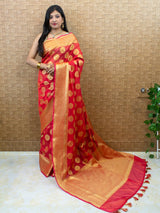 Banarasi Semi Silk Saree With Antique Zari Buta Weaving-Red
