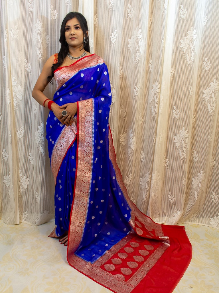 Banarasi Dual Tone Semi Chiffon Saree Silver  Zari Buti Weaving