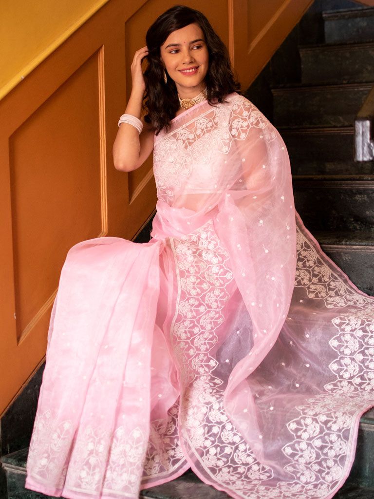 Floral Embroidered Organza Mix Saree-Baby Pink