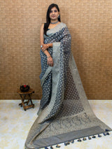 Banarasi Soft Cotton Resham Polka Dots Weaving Saree-Grey