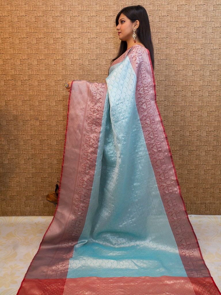 Banarasi Kora Muslin Saree With Tanchoi Weaving Contrast Skirt Border-Sky Blue
