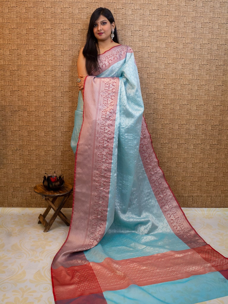 Banarasi Kora Muslin Saree With Tanchoi Weaving Contrast Skirt Border-Sky Blue