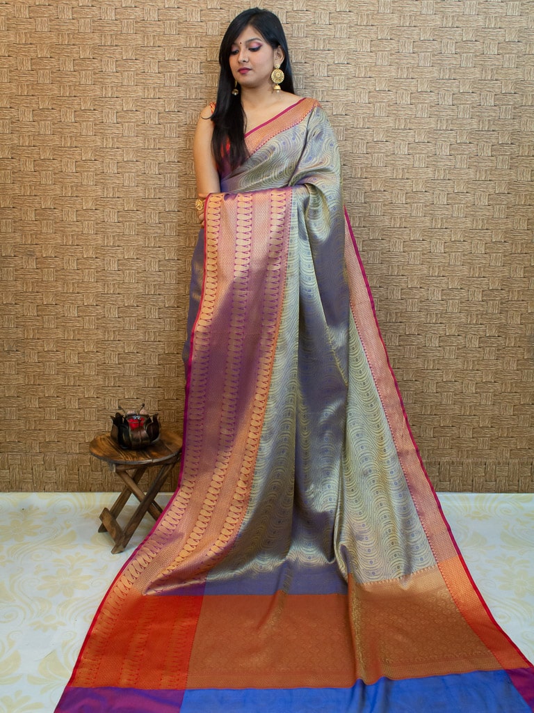 Banarasi Kora Muslin Saree With Tanchoi Weaving Contrast  Border-Metallic Grey