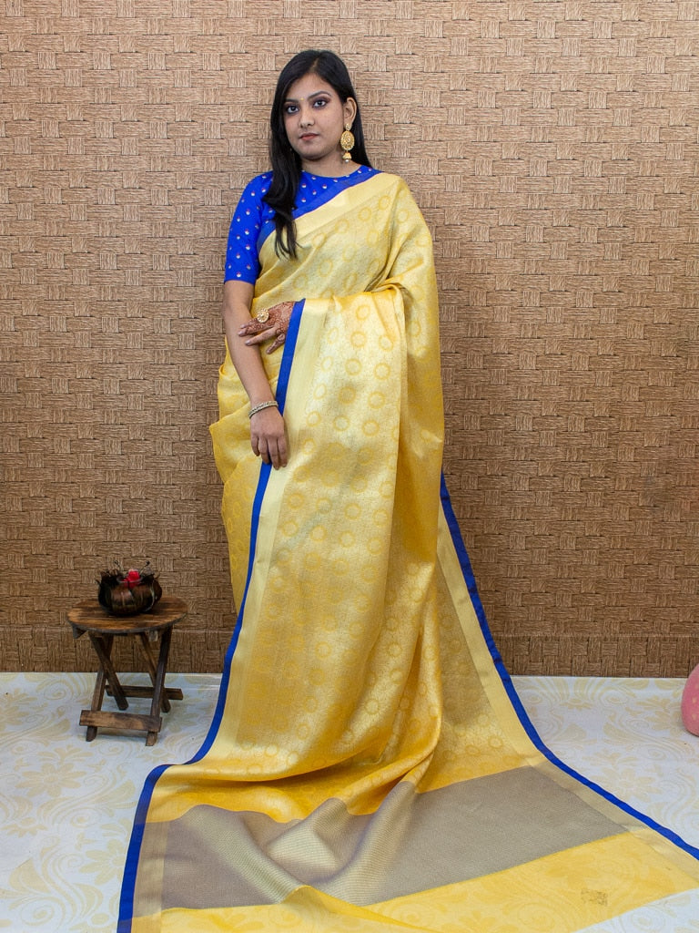 Banarasi Kora Muslin Saree With Tanchoi Weaving & Contrast  Border-Yellow