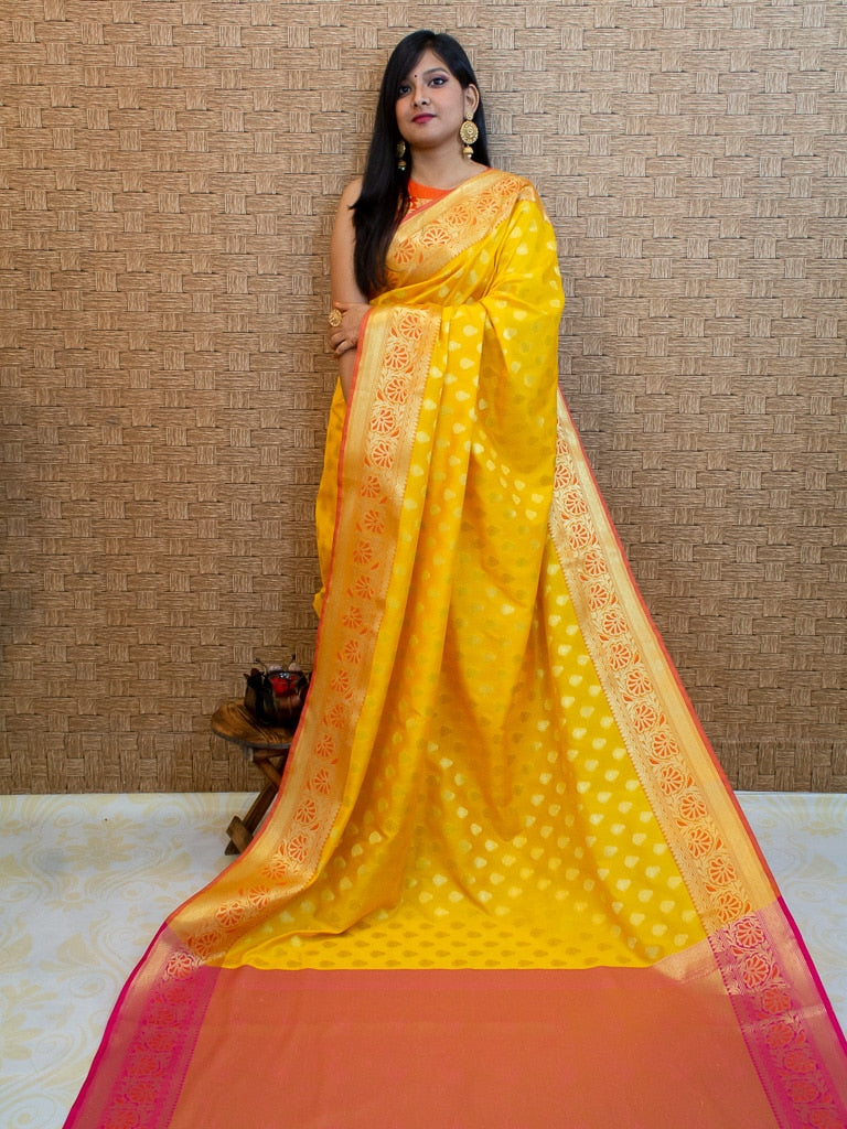 Banarasi Semi Silk Saree With Contrast Zari Buti Weaving Border-Yellow