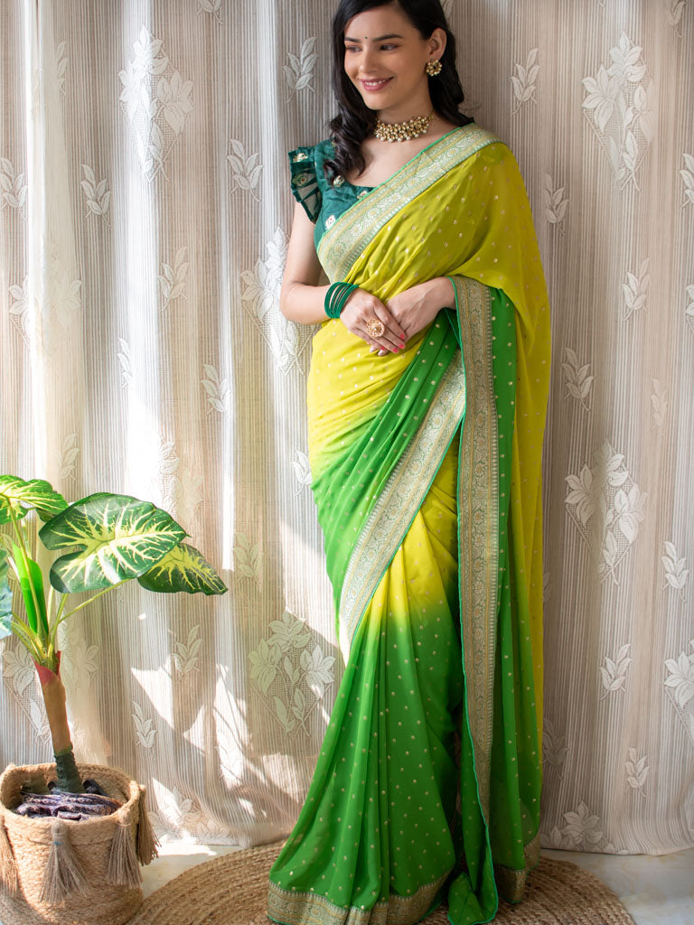 Dual Shade Semi Chiffon Gold Printed Saree With Zari Border-Green