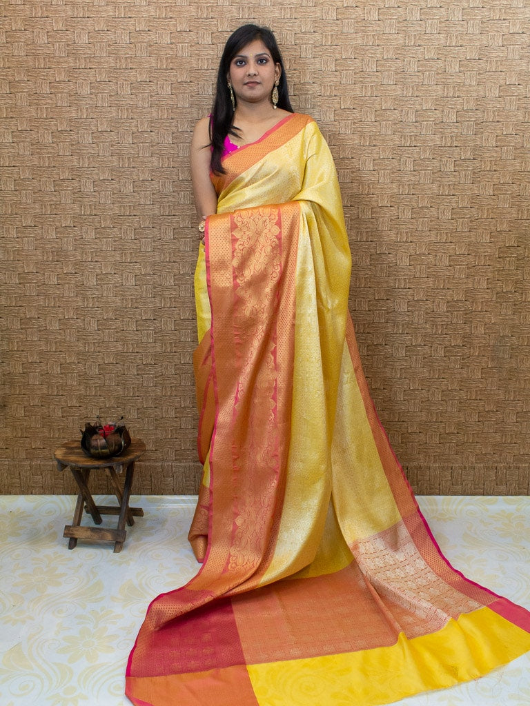 Banarasi Kora Muslin Saree With Tanchoi Weaving & Contrast Skirt Border-Yellow & Pink