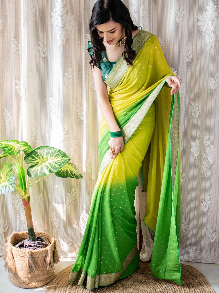 Dual Shade Semi Chiffon Gold Printed Saree With Zari Border-Green