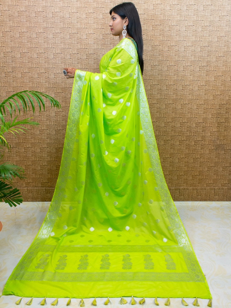 Banarasi  Semi Chiffon Saree Silver Zari Buti Weaving-Green