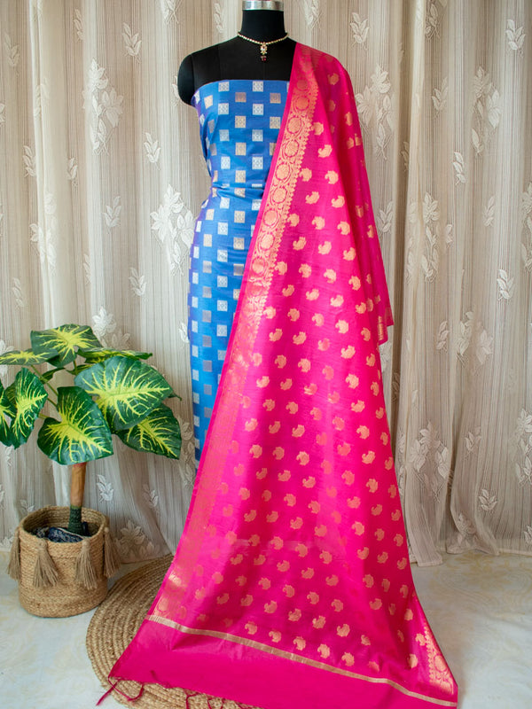 Banarasi Semi Silk Zari Weaving Salwar Kameez Material With Small Buti Dupatta-Blue & Pink