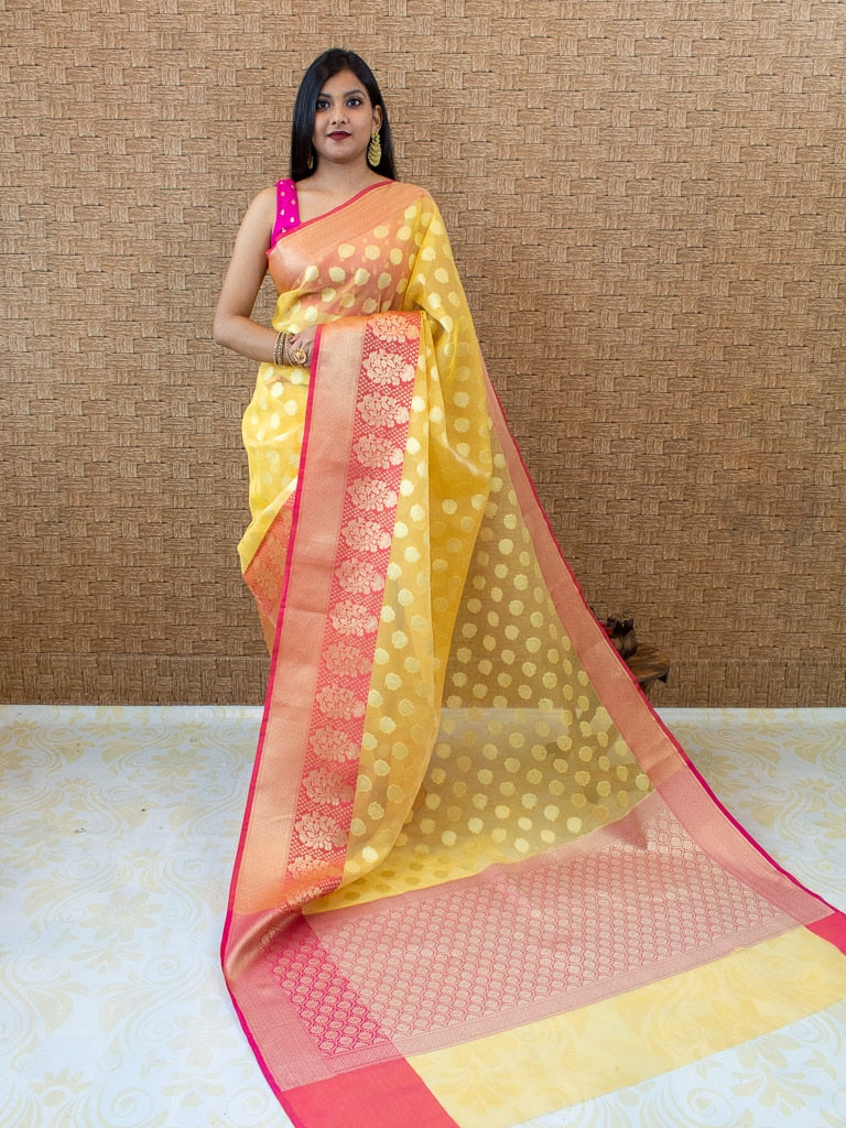 Banarasi Organza Mix Saree With Contrast Border-Yellow