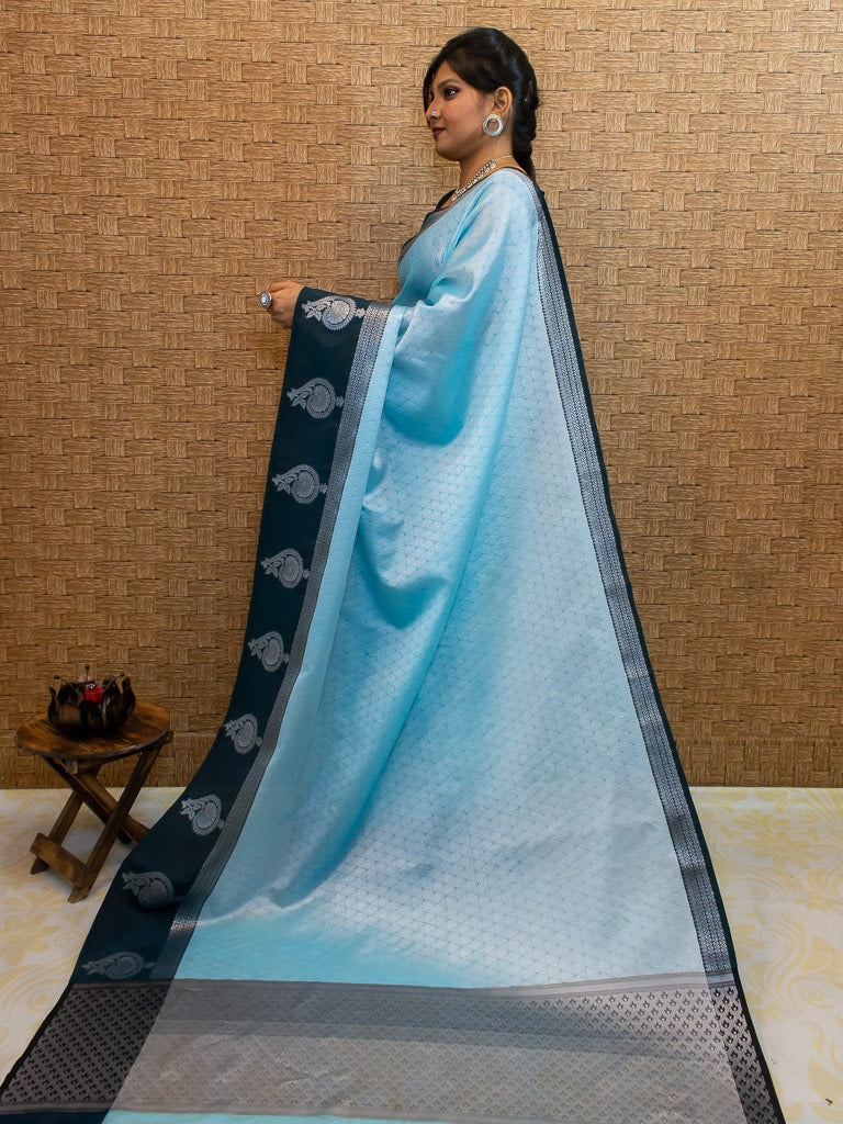 Banarasi Kora Muslin Saree With Tanchoi Weaving & Contrast  Border-Blue & Black