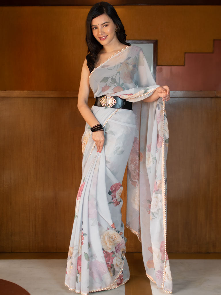 Floral Printed Chiffon Saree With Pearl Embroidered Border-Grey