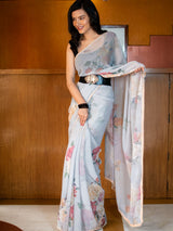 Floral Printed Chiffon Saree With Pearl Embroidered Border-Grey