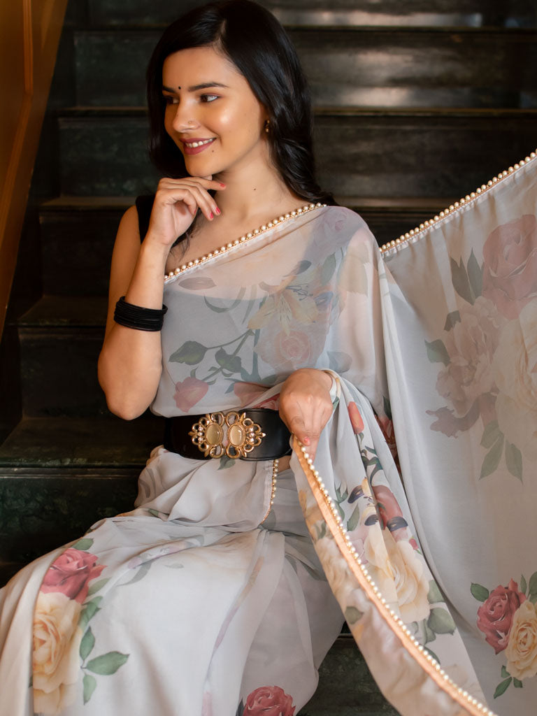 Floral Printed Chiffon Saree With Pearl Embroidered Border-Grey
