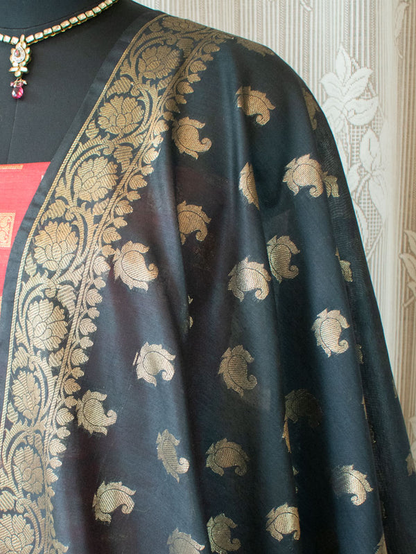 Banarasi Semi Silk Zari Weaving Salwar Kameez Material With Small Buti Dupatta-Red & Black