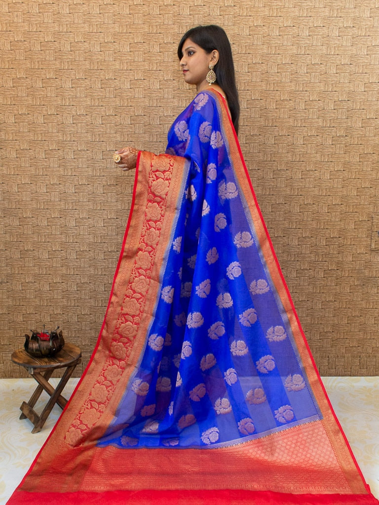 Banarasi Semi Silk Saree With Antique Zari Weaving & Contrast Border-Royal Blue &  Red