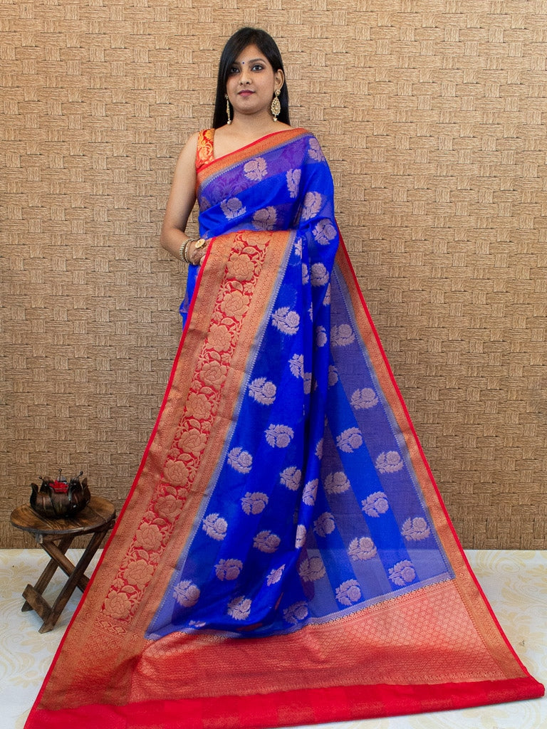 Banarasi Semi Silk Saree With Antique Zari Weaving & Contrast Border-Royal Blue &  Red