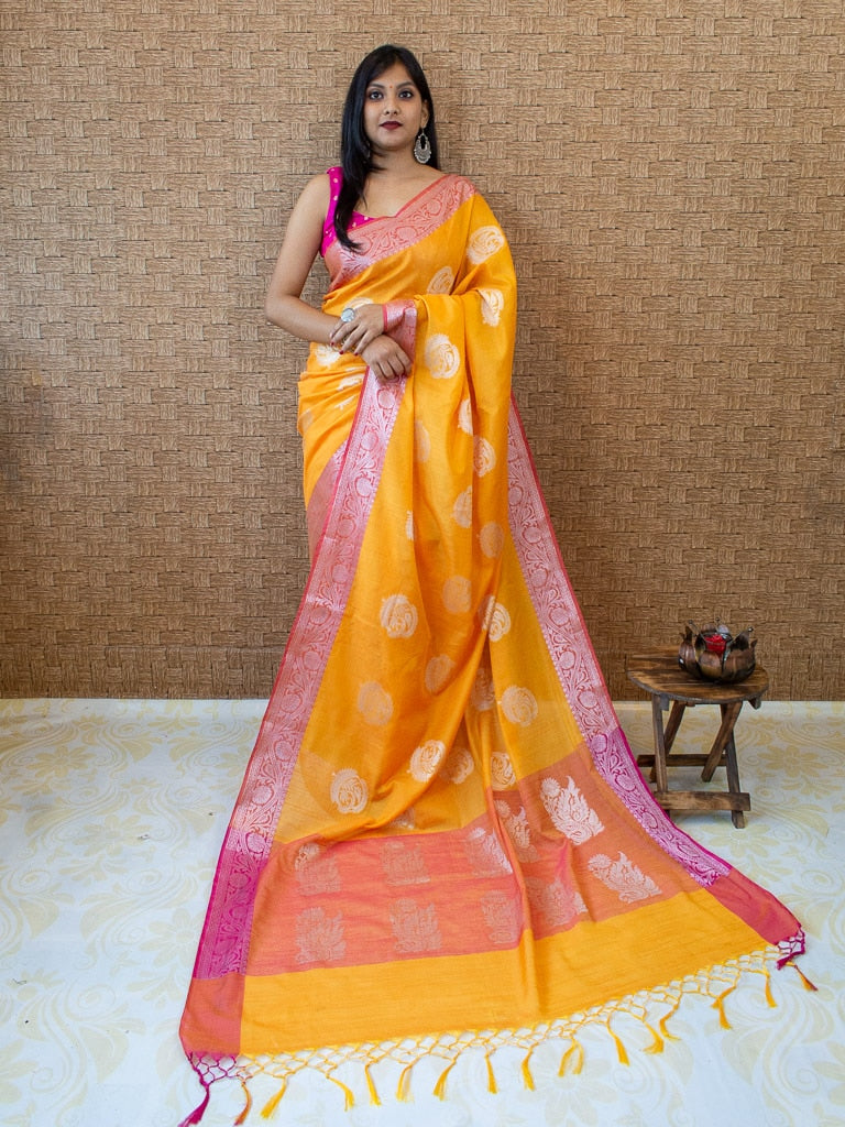 Banarasi Cotton Linen Silver Zari Weaving Saree With Contrast Border -Orange