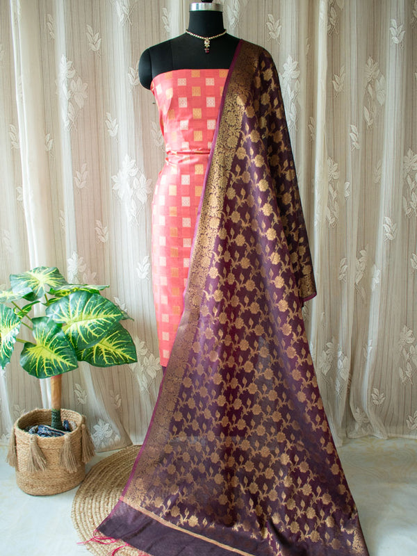 Banarasi Semi Silk Zari Weaving Salwar Kameez Material With Small Buti Dupatta-Peach & Wine