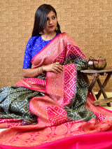Banarasi Semi Silk Bandhini Saree With Zari Jaal Weaving-Grey & Pink
