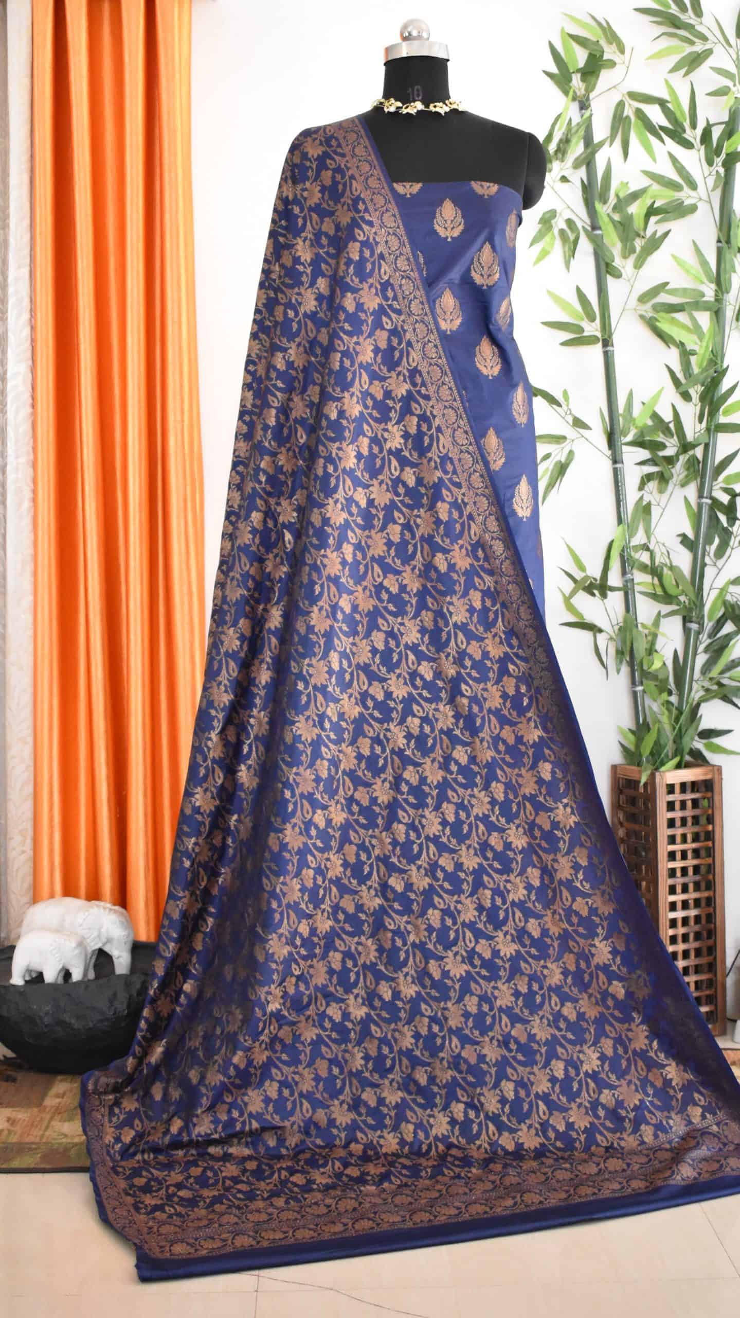 Banarasi Semi Silk Salwar Kameez Fabric With Antique Zari Weaving-Navy Blue