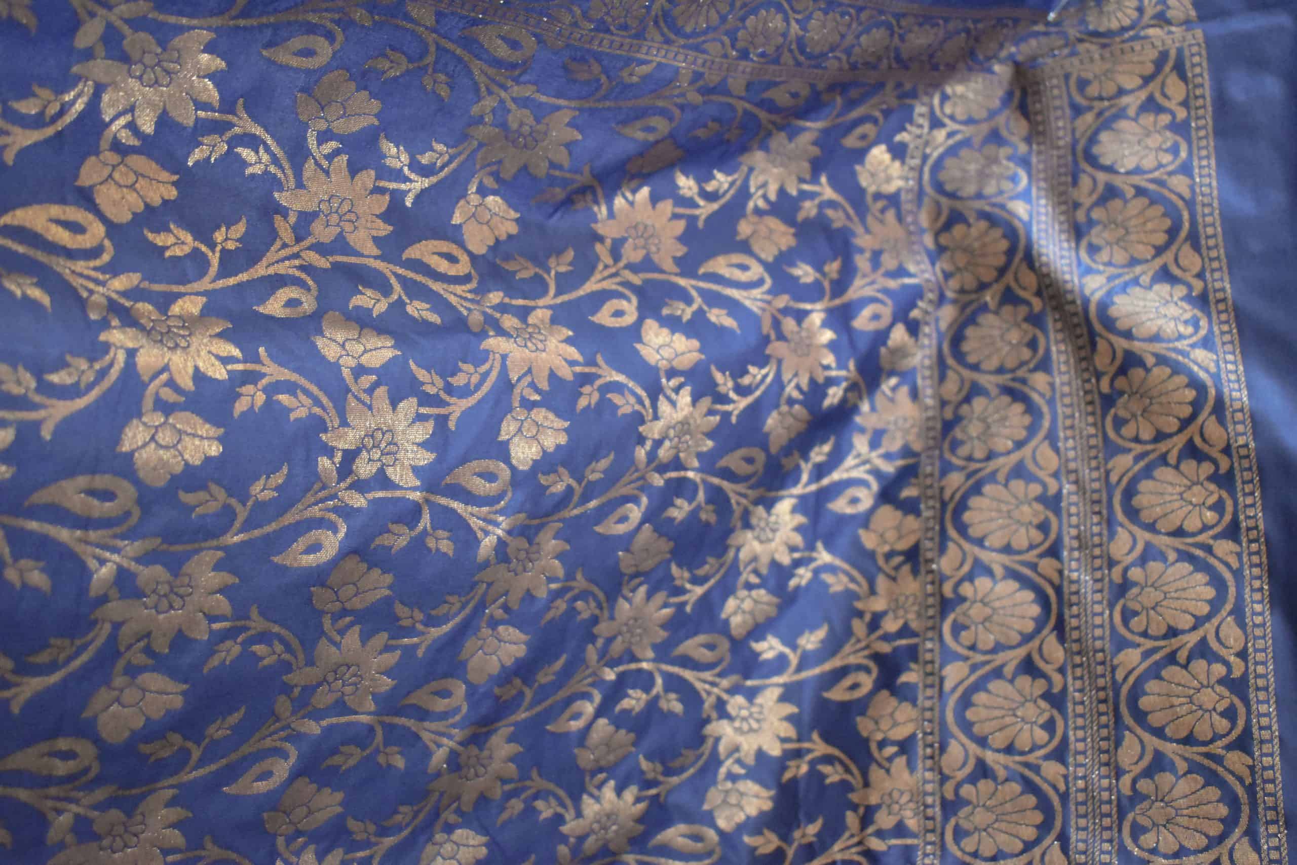 Banarasi Semi Silk Salwar Kameez Fabric With Antique Zari Weaving-Navy Blue