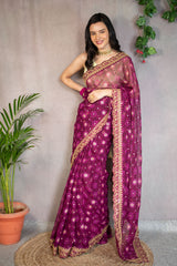 Chiffon Printed Saree With Gold Embroidered Border-Wine