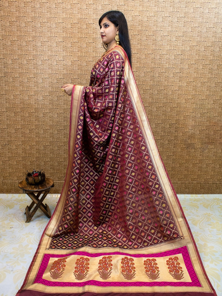 Banarasi Handloom Art Katan Silk Saree With Meena Jaal Weaving-Brown