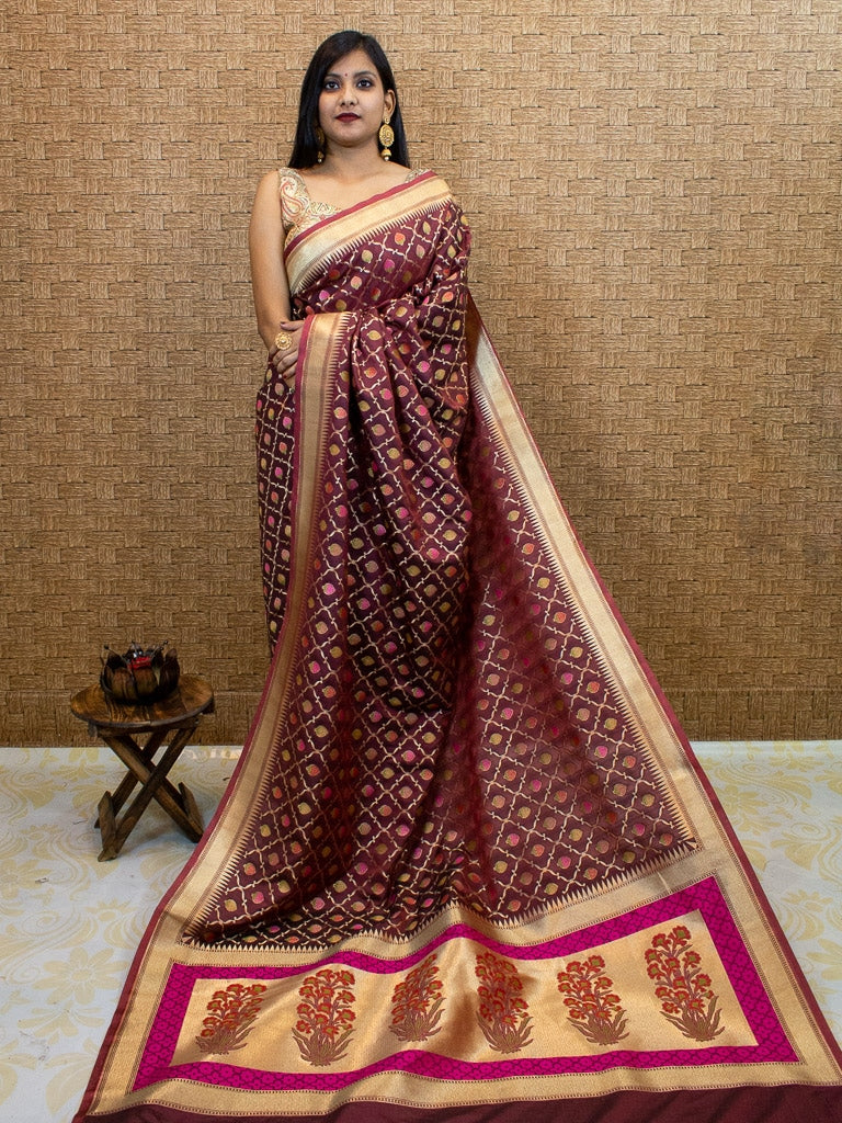 Banarasi Handloom Art Katan Silk Saree With Meena Jaal Weaving-Brown