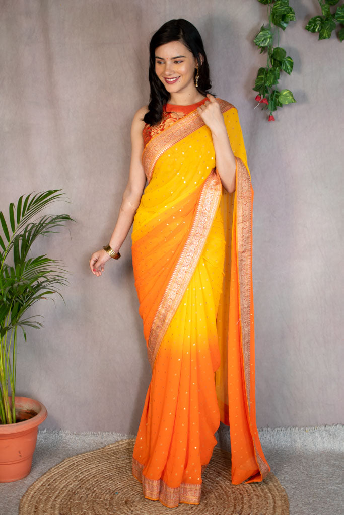 Dual Shade Semi Chiffon Gold Printed Saree With Zari Border-Orange