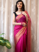 Dual Shade Semi Chiffon Saree With Zari Border- Pink
