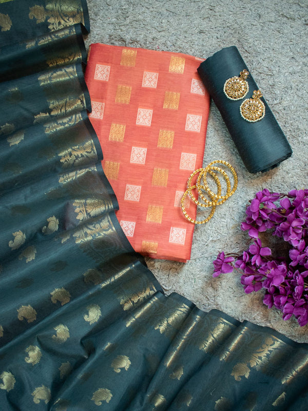 Banarasi Semi Silk Zari Weaving Salwar Kameez Material With Small Buti Dupatta-Orange & Green