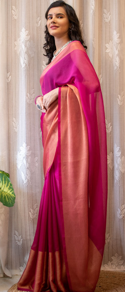 Dual Shade Semi Chiffon Saree With Zari Border- Pink