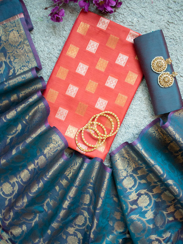 Banarasi Semi Silk Zari Weaving Salwar Kameez Material With Small Buti Dupatta-Orange & Blue
