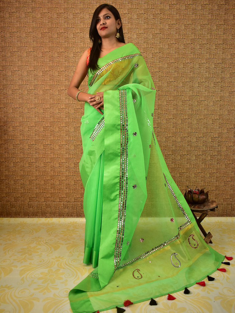 Banarasi Organza Mix Saree With Mirror Work & Brocade blouse-Green