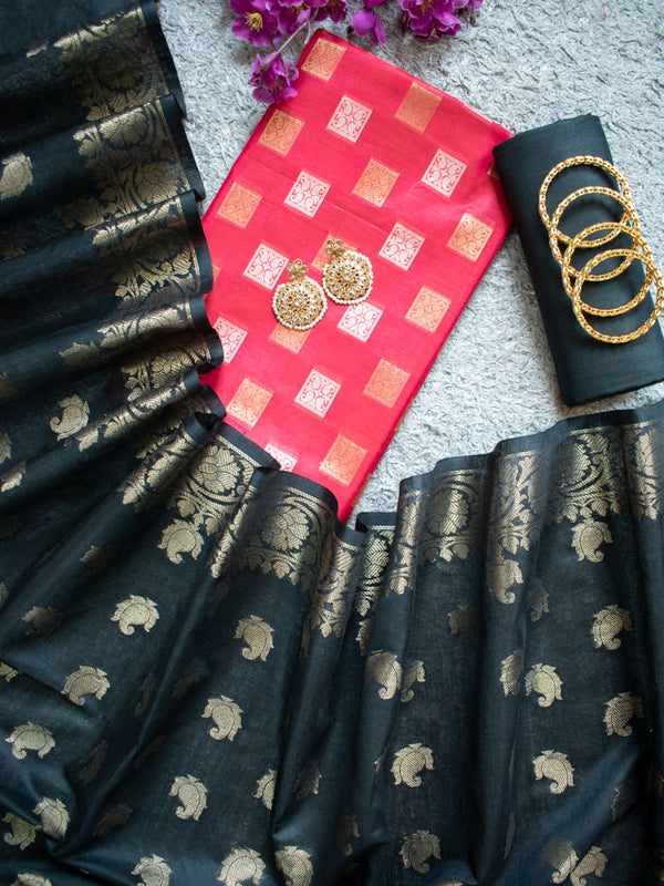 Banarasi Semi Silk Zari Weaving Salwar Kameez Material With Small Buti Dupatta-Red & Black