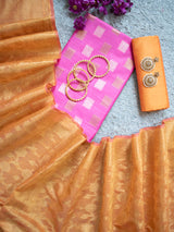 Banarasi Semi Silk Zari Weaving Salwar Kameez Material With Small Buti Dupatta-Pink & Yellow