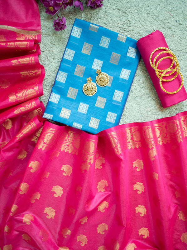 Banarasi Semi Silk Zari Weaving Salwar Kameez Material With Small Buti Dupatta-Blue & Pink