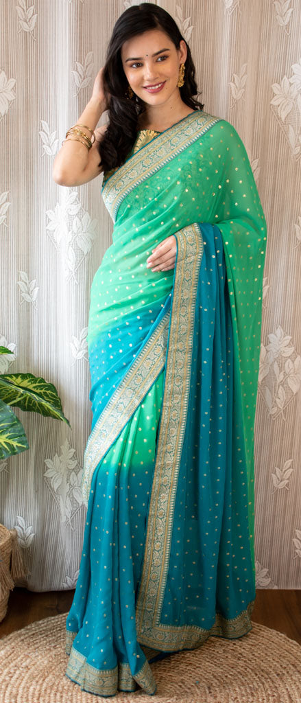 Dual Shade Semi Chiffon Gold Printed Saree With Zari Border-Sea Green