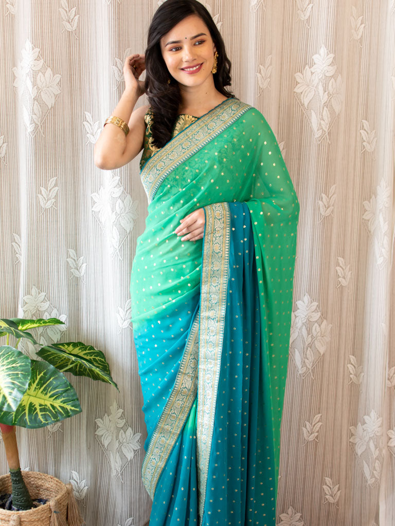 Dual Shade Semi Chiffon Gold Printed Saree With Zari Border-Sea Green