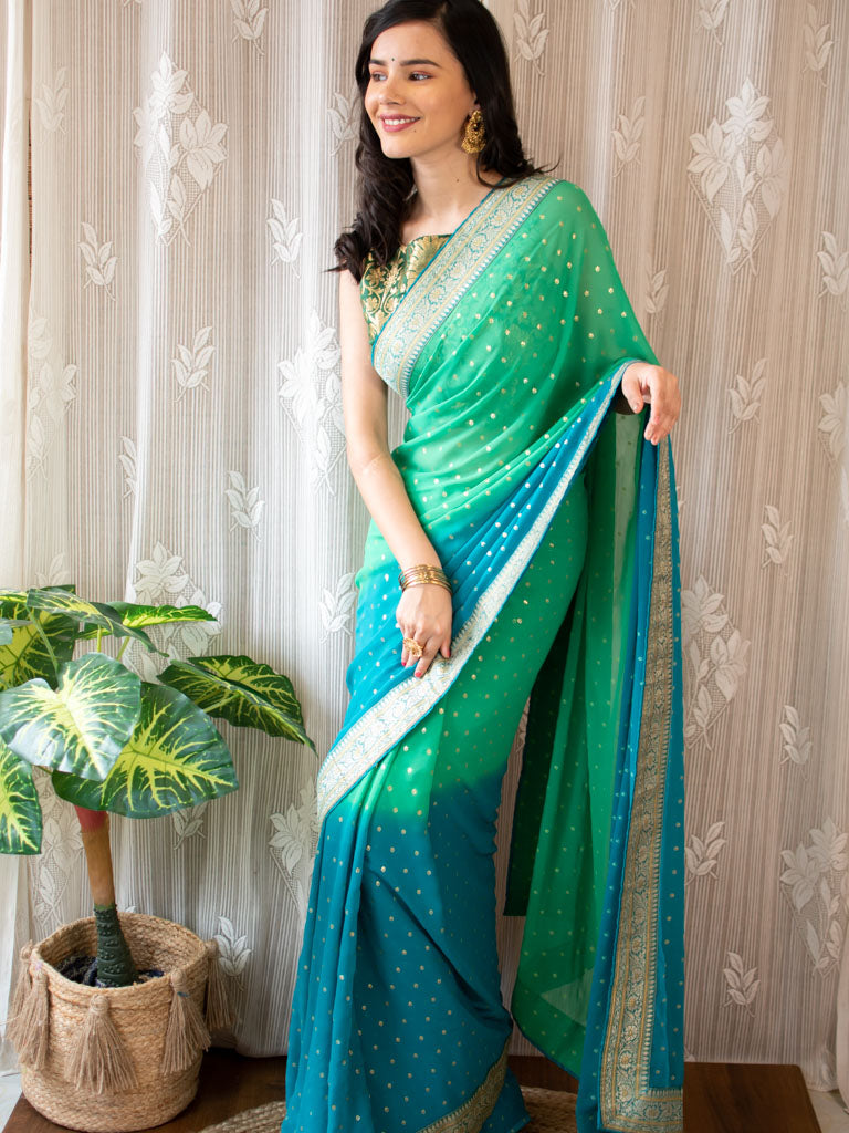 Dual Shade Semi Chiffon Gold Printed Saree With Zari Border-Sea Green