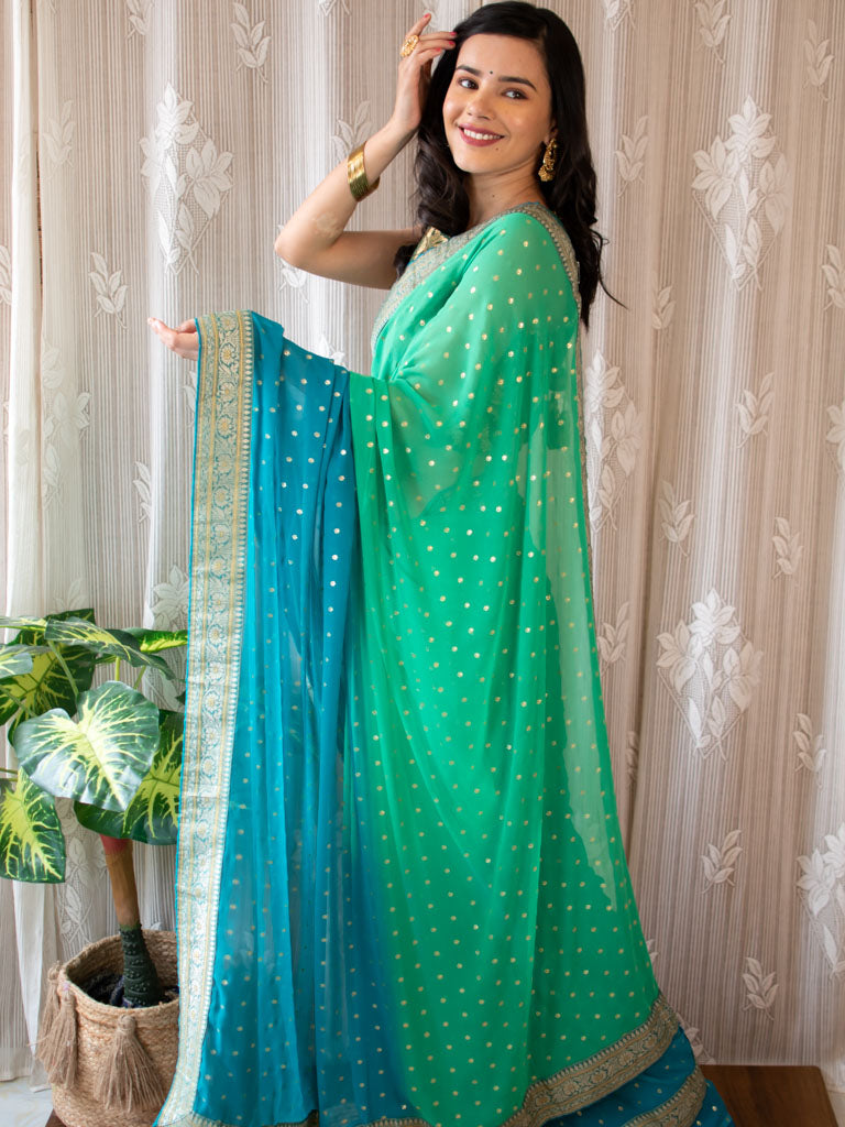 Dual Shade Semi Chiffon Gold Printed Saree With Zari Border-Sea Green